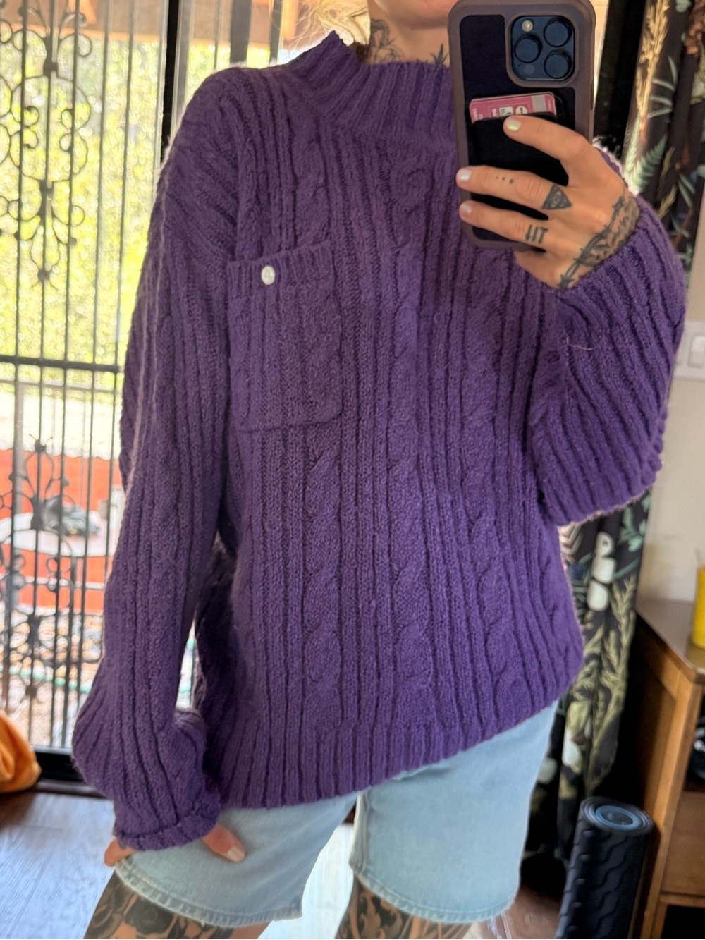 Vintage purple turtleneck sweater with pocket